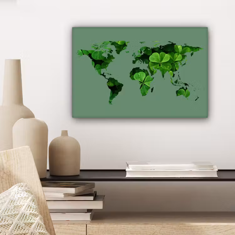 Wereldkaart - Donkergroen - Klavertje vier canvas 2cm klein -sfeer6