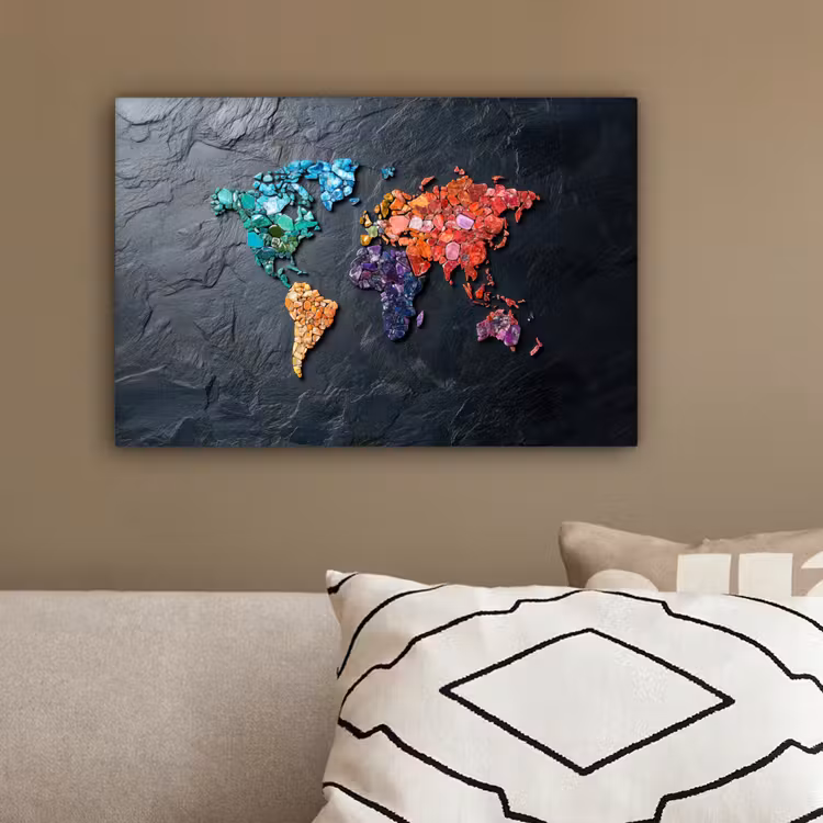 Wereldkaart - Edelstenen - Regenboog - Ruw canvas 2cm klein -sfeer3