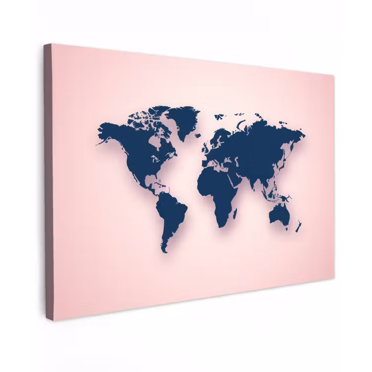 Wereldkaart - Simpel - Roze - Blauw canvas 2cm klein -z3d