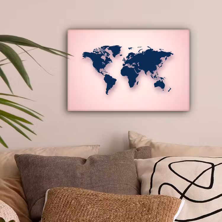 Wereldkaart - Simpel - Roze - Blauw canvas 2cm klein -sfeer1