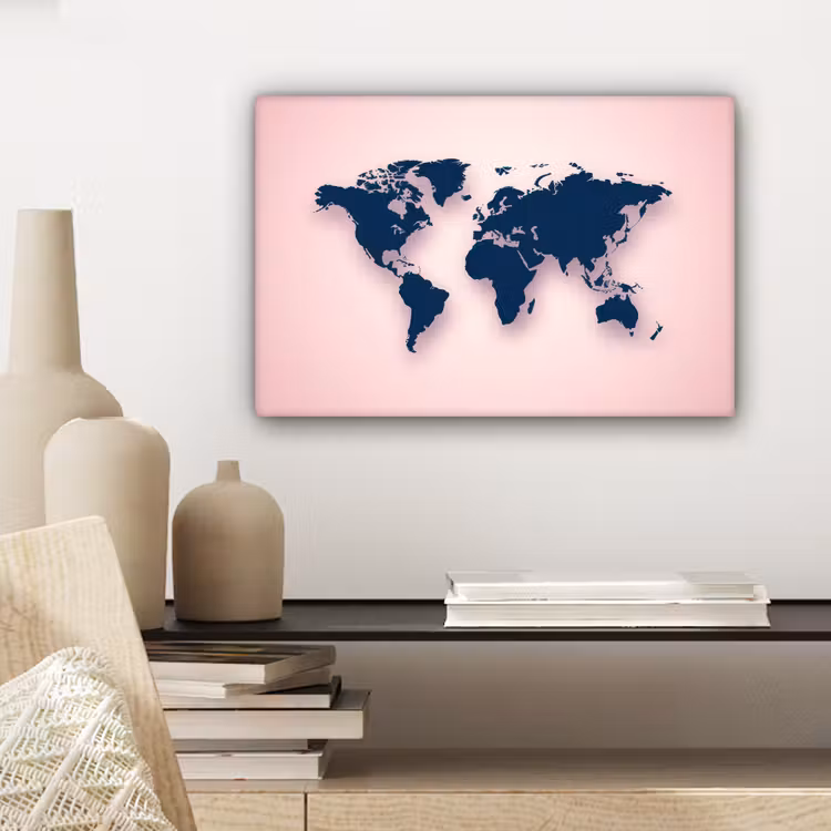 Wereldkaart - Simpel - Roze - Blauw canvas 2cm klein -sfeer6