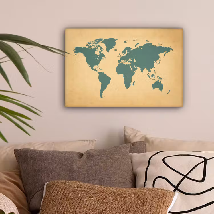 Wereldkaart - Egaal groen - Minimalistisch canvas 2cm klein -sfeer1