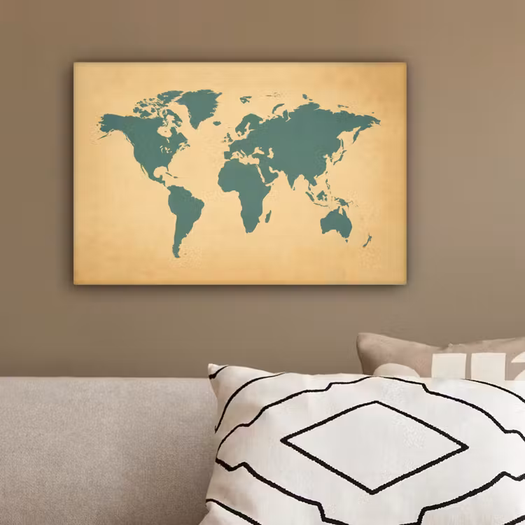 Wereldkaart - Egaal groen - Minimalistisch canvas 2cm klein -sfeer3