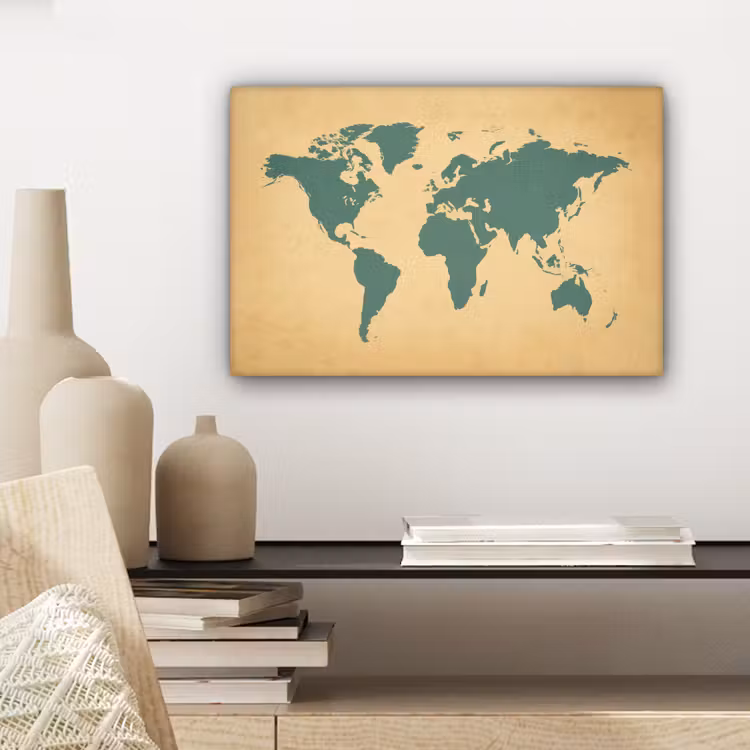 Wereldkaart - Egaal groen - Minimalistisch canvas 2cm klein -sfeer6