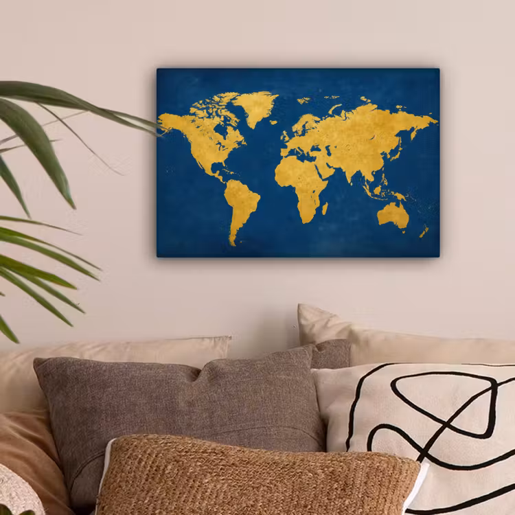 Wereldkaart - Elegant - Blauw canvas 2cm klein -sfeer1