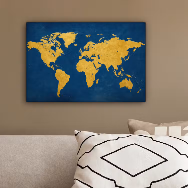 Wereldkaart - Elegant - Blauw canvas 2cm klein -sfeer3
