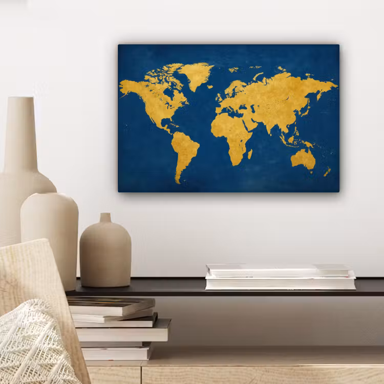Wereldkaart - Elegant - Blauw canvas 2cm klein -sfeer6