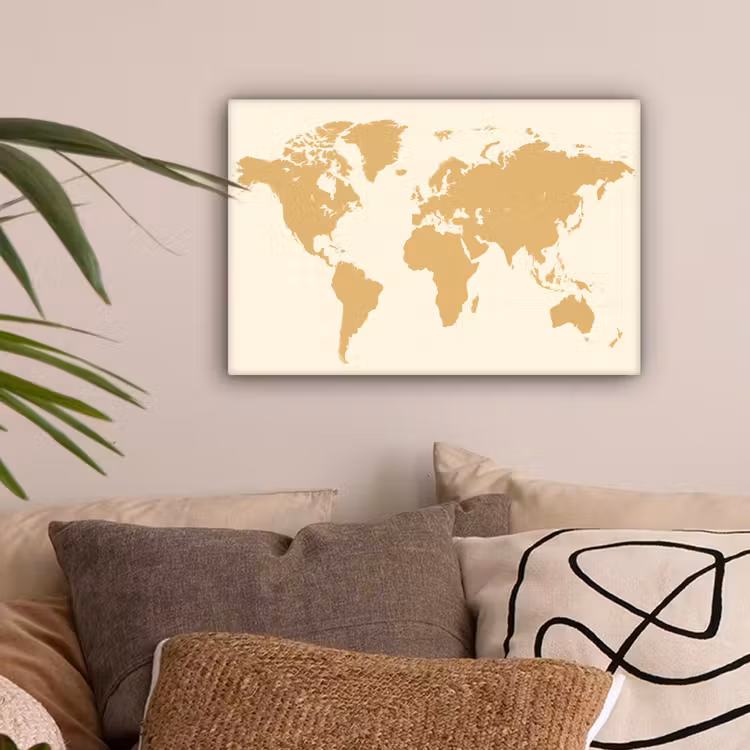 Wereldkaart - Strakke vlakstijl - Rasterachtergrond canvas 2cm klein -sfeer1