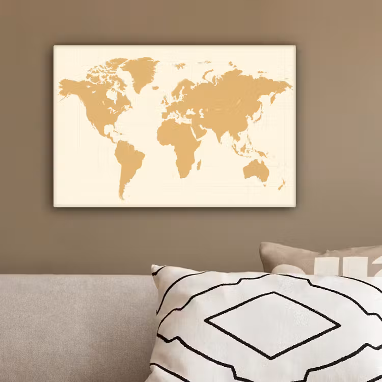 Wereldkaart - Strakke vlakstijl - Rasterachtergrond canvas 2cm klein -sfeer3