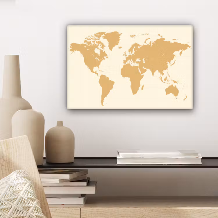 Wereldkaart - Strakke vlakstijl - Rasterachtergrond canvas 2cm klein -sfeer6