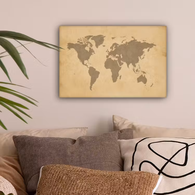 Wereldkaart - Aardtinten - Subtiel canvas 2cm klein -sfeer1