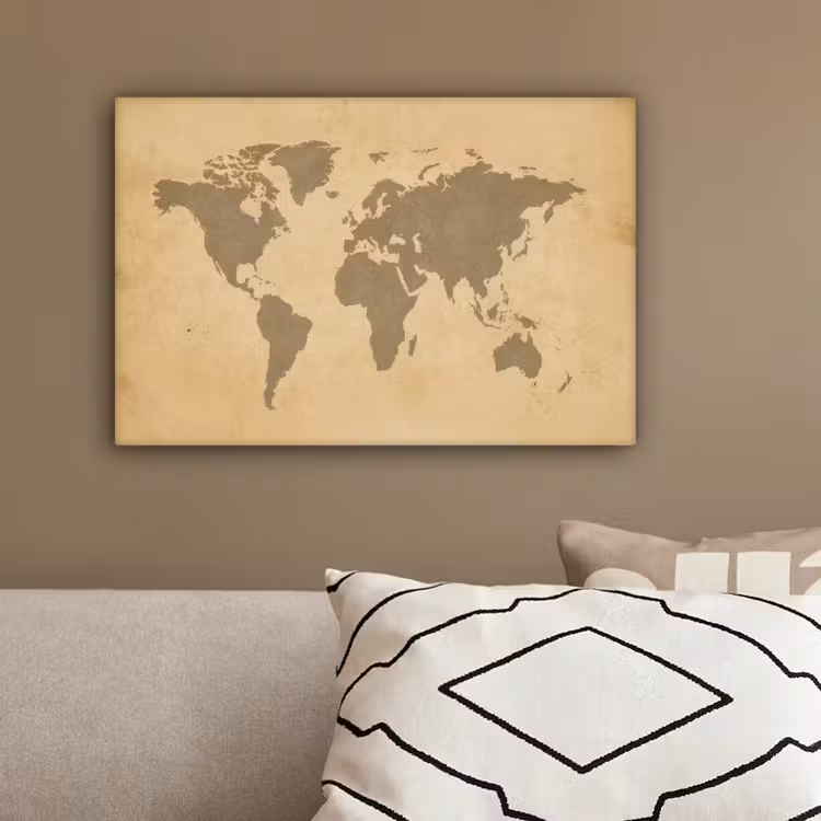 Wereldkaart - Aardtinten - Subtiel canvas 2cm klein -sfeer3