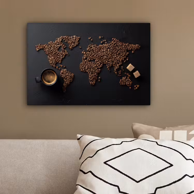 Wereldkaart - Espresso - Zwart canvas 2cm klein -sfeer3