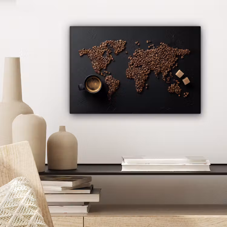 Wereldkaart - Espresso - Zwart canvas 2cm klein -sfeer6