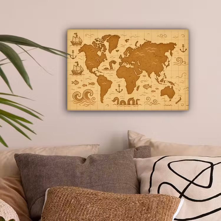 Wereldkaart - Fantasiestijl - Bruin canvas 2cm klein -sfeer1