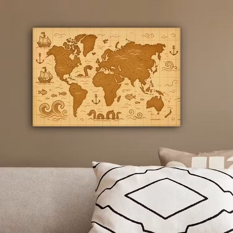 Wereldkaart - Fantasiestijl - Bruin canvas 2cm klein -sfeer3
