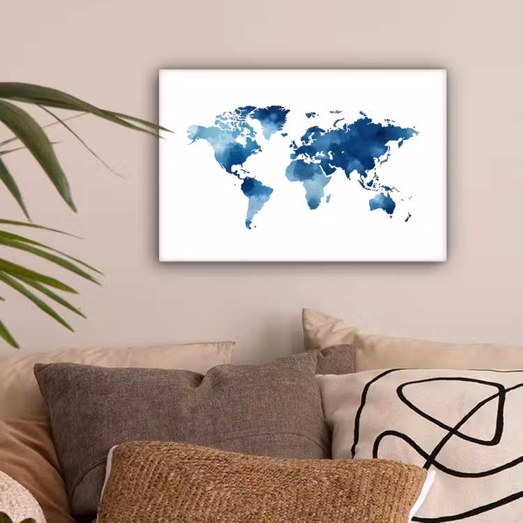 Wereldkaart - Verf - Blauw canvas 2cm klein -sfeer1