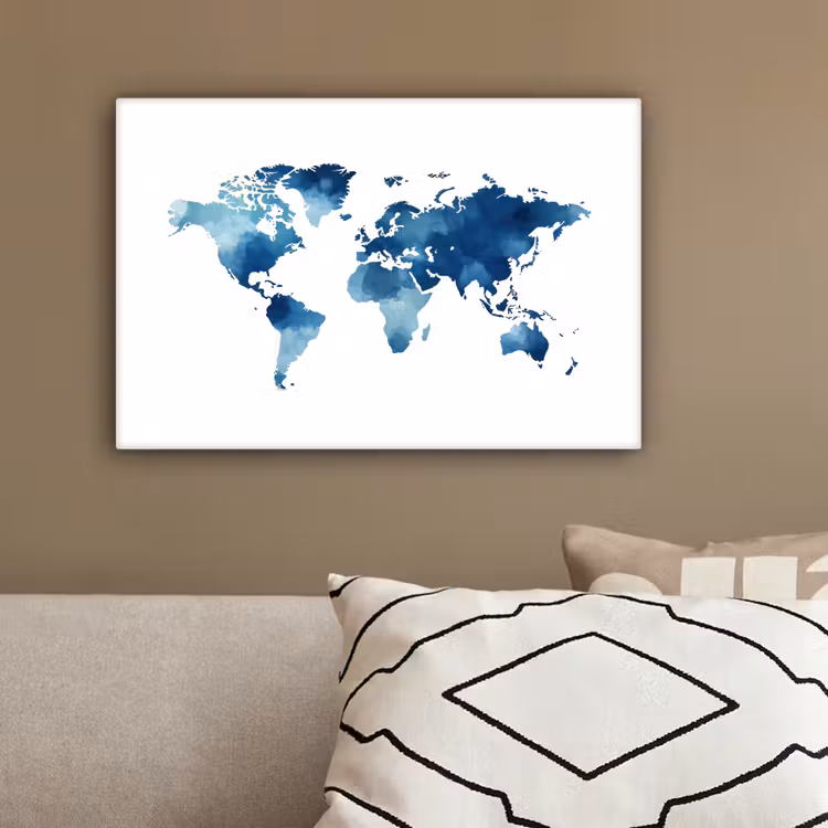 Wereldkaart - Verf - Blauw canvas 2cm klein -sfeer3