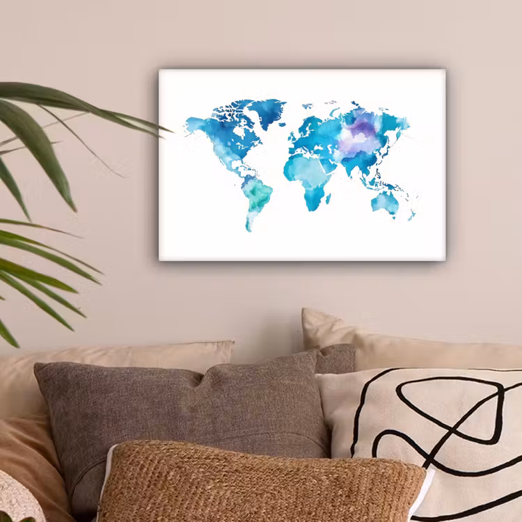 Wereldkaart - Verf - Blauw - Paars canvas 2cm klein -sfeer1