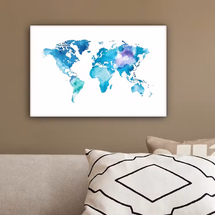Wereldkaart - Verf - Blauw - Paars canvas 2cm klein -sfeer3