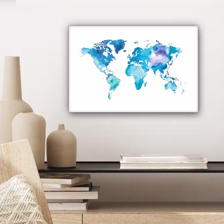 Wereldkaart - Verf - Blauw - Paars canvas 2cm klein -sfeer6