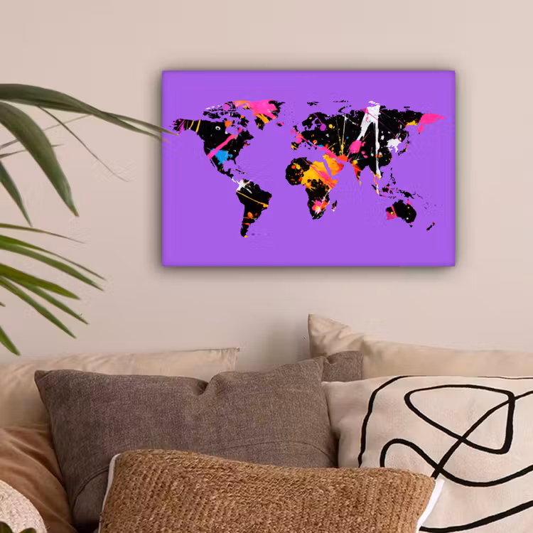 Wereldkaart - Verf - Paars canvas 2cm klein -sfeer1