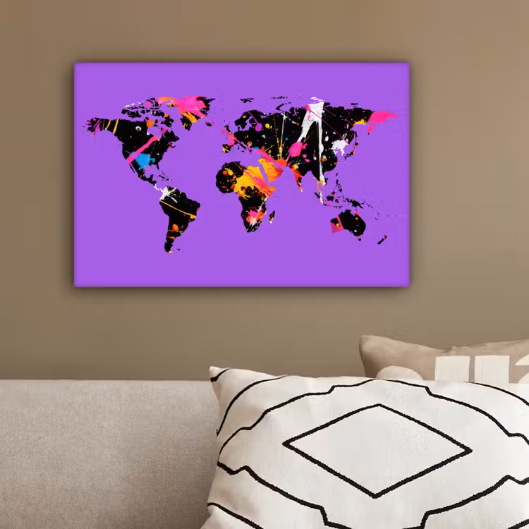Wereldkaart - Verf - Paars canvas 2cm klein -sfeer3