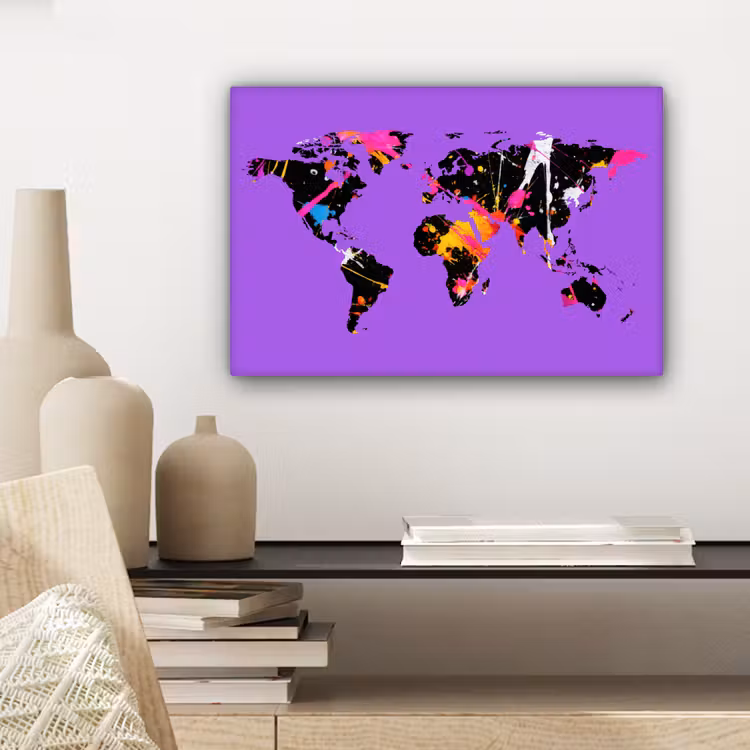 Wereldkaart - Verf - Paars canvas 2cm klein -sfeer6
