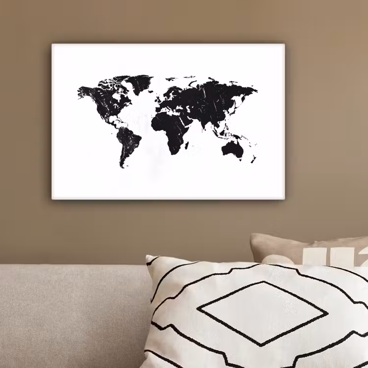 Wereldkaart - Verf - Zwart - Wit canvas 2cm klein -sfeer3