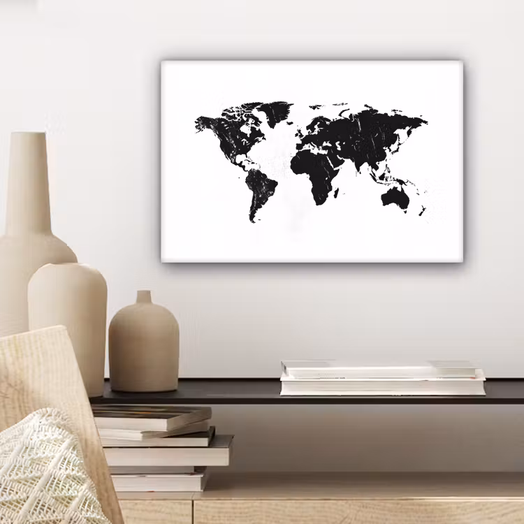 Wereldkaart - Verf - Zwart - Wit canvas 2cm klein -sfeer6