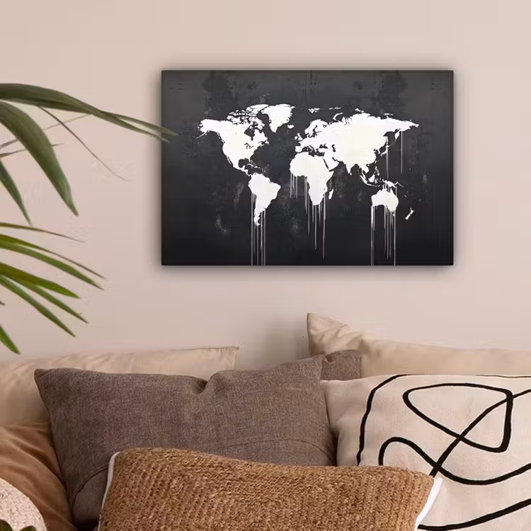 Wereldkaart - Verf - Wit canvas 2cm klein -sfeer1