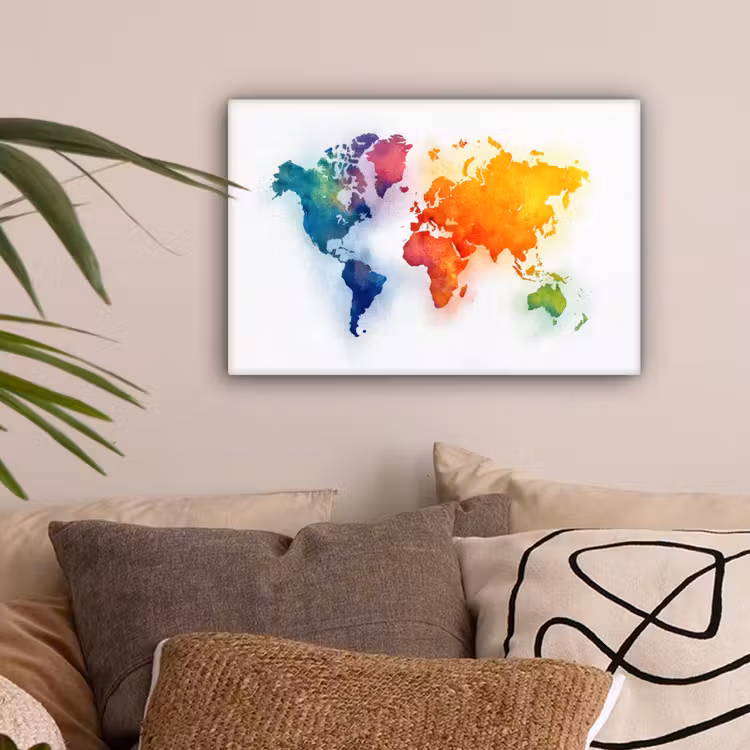 Wereldkaart - Kleurrijk - Waterverf canvas 2cm klein -sfeer1