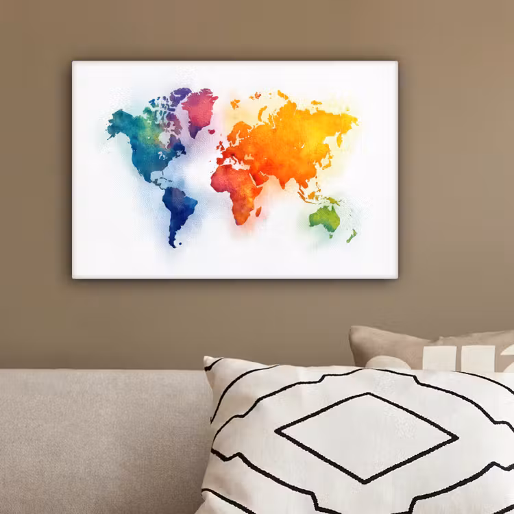 Wereldkaart - Kleurrijk - Waterverf canvas 2cm klein -sfeer3