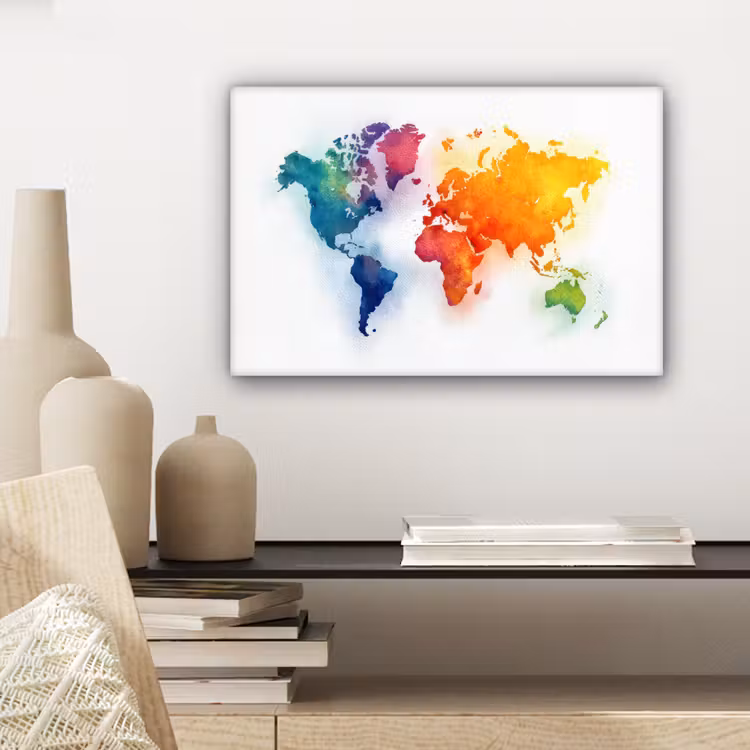Wereldkaart - Kleurrijk - Waterverf canvas 2cm klein -sfeer6