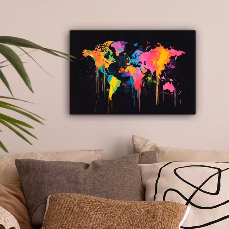 Wereldkaart - Verfspatten - Gekleurd - Druppels canvas 2cm klein -sfeer1