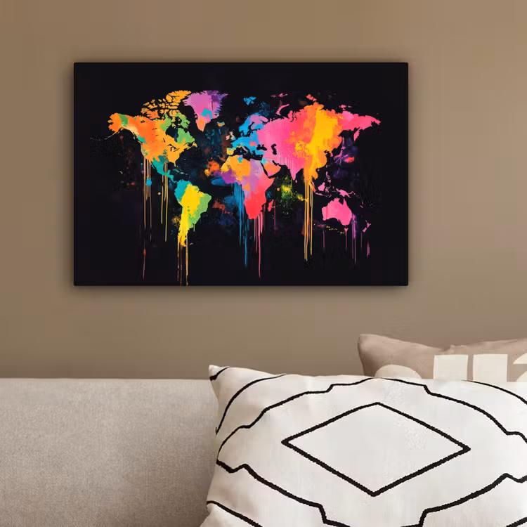 Wereldkaart - Verfspatten - Gekleurd - Druppels canvas 2cm klein -sfeer3