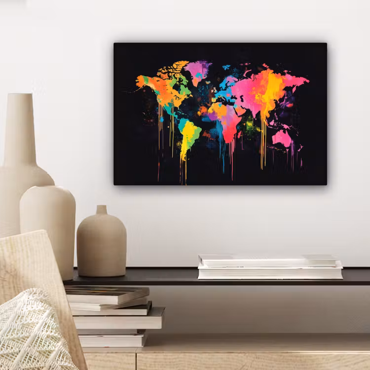 Wereldkaart - Verfspatten - Gekleurd - Druppels canvas 2cm klein -sfeer6