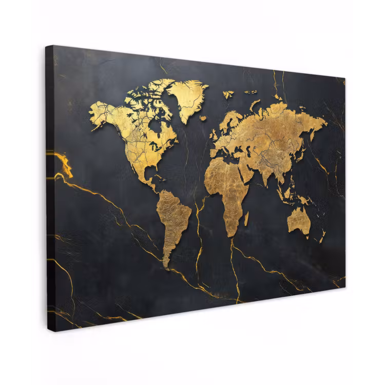 Wereldkaart - Fijne gravures - Marmer canvas 2cm klein -z3d