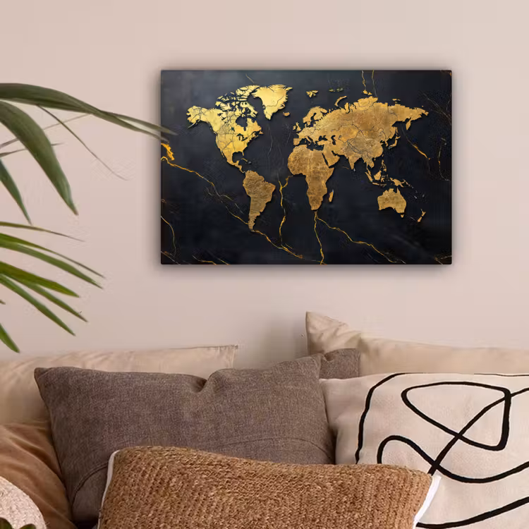 Wereldkaart - Fijne gravures - Marmer canvas 2cm klein -sfeer1