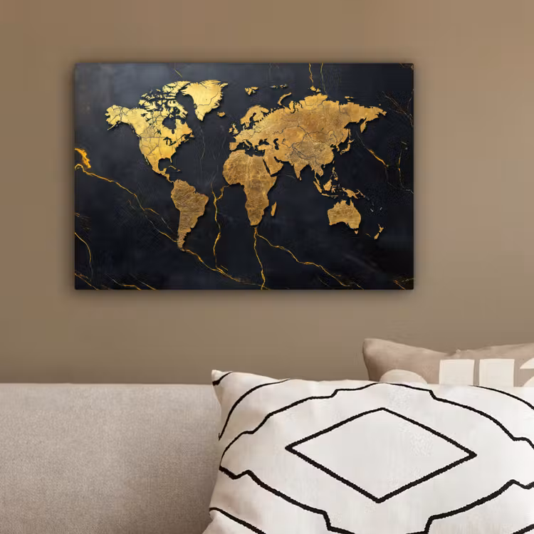 Wereldkaart - Fijne gravures - Marmer canvas 2cm klein -sfeer3