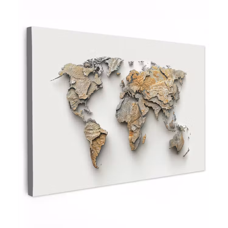 Wereldkaart - Rots structuur - Reliëf canvas 2cm klein -z3d
