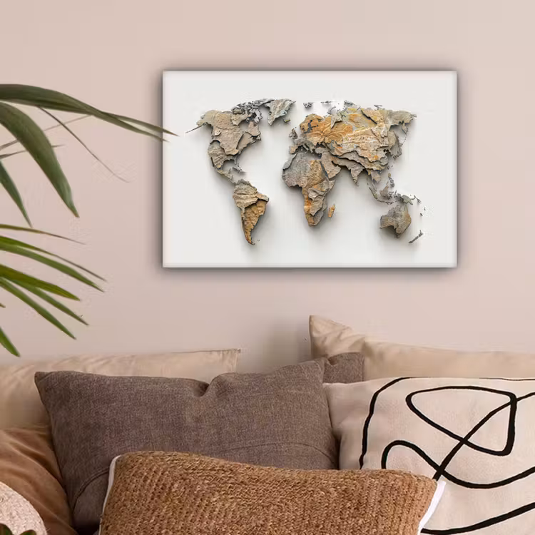 Wereldkaart - Rots structuur - Reliëf canvas 2cm klein -sfeer1