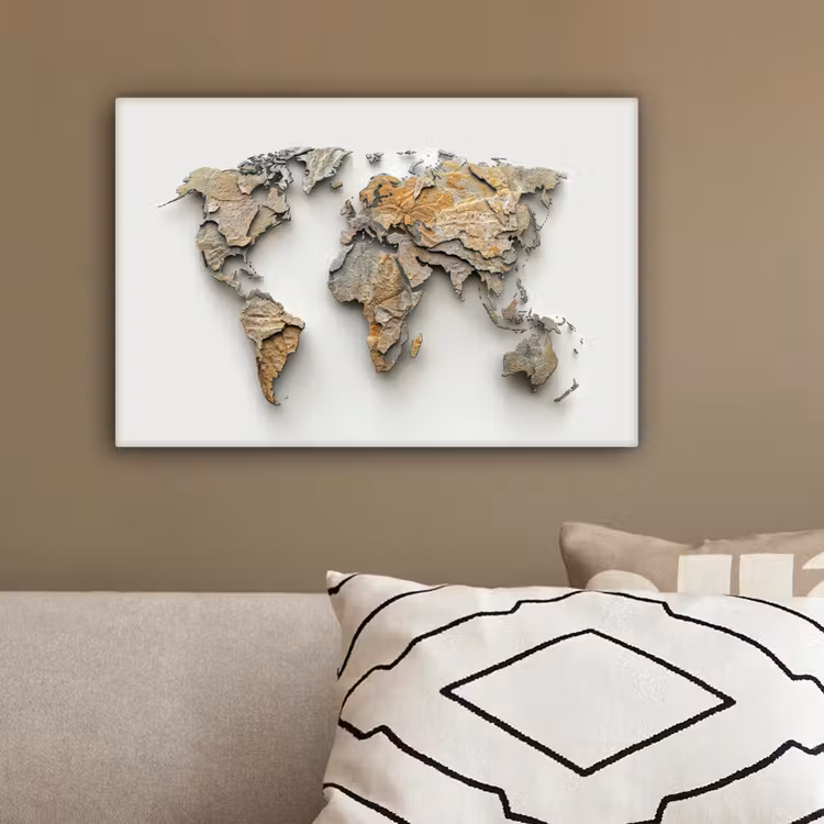 Wereldkaart - Rots structuur - Reliëf canvas 2cm klein -sfeer3
