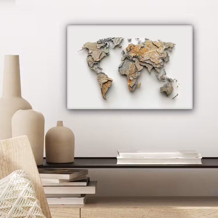 Wereldkaart - Rots structuur - Reliëf canvas 2cm klein -sfeer6