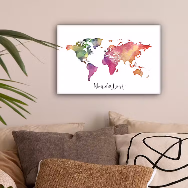 Wereldkaart - Wanderlust - Paars canvas 2cm klein -sfeer1