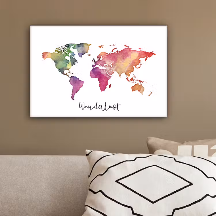 Wereldkaart - Wanderlust - Paars canvas 2cm klein -sfeer6
