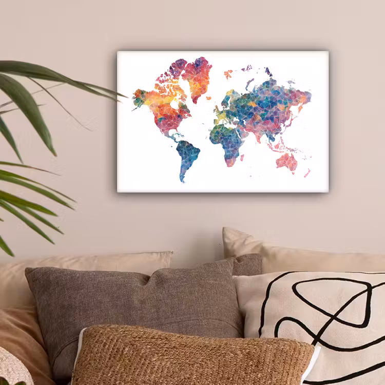 Wereldkaart - Figuren - Kleurrijk canvas 2cm klein -sfeer1