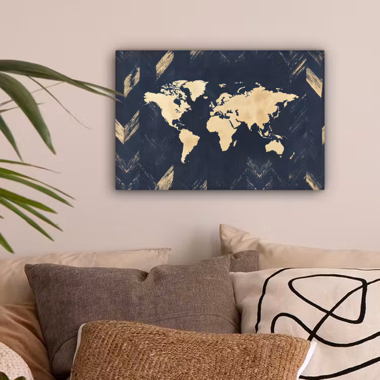Wereldkaart - Visgraatpatroon - Vintage - Blauw canvas 2cm klein -sfeer1