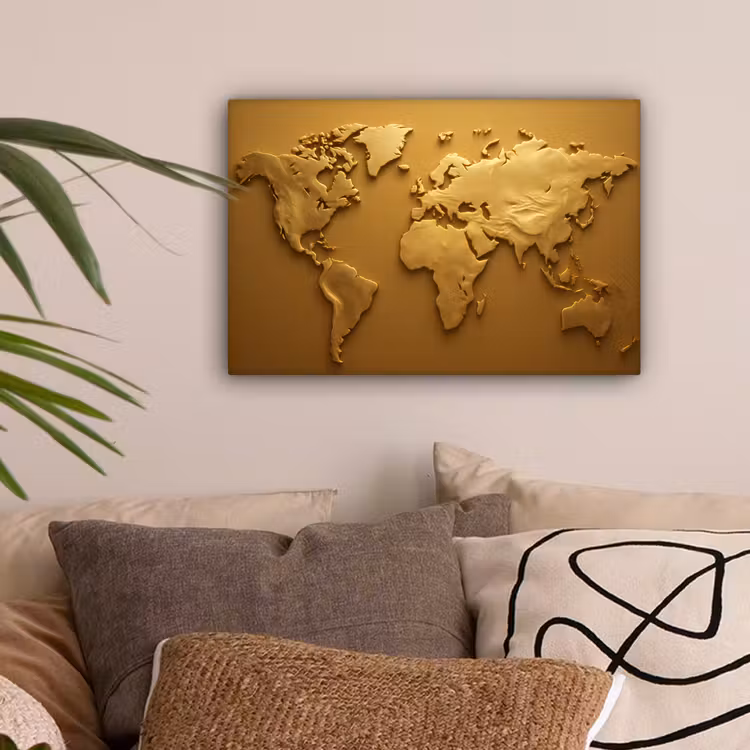 Wereldkaart - Vloeiend - Reliëfachtige wereldkaart canvas 2cm klein -sfeer1