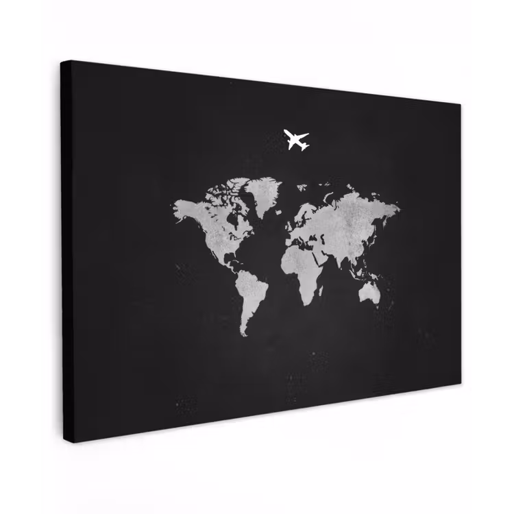 Wereldkaart - Vliegtuig - Zwart canvas 2cm klein -z3d